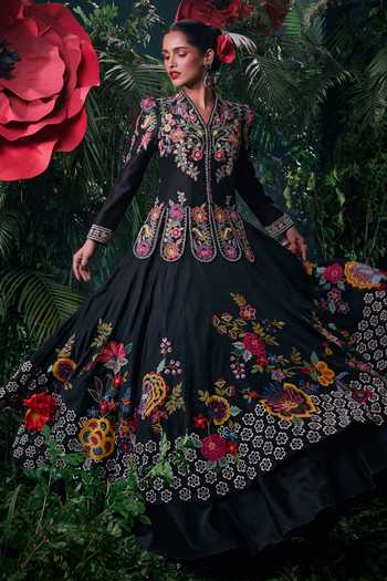Buy Chandrima Black Chanderi, Cotton Beads, Embroidery V-neck Threadwork And Jacket Online at Aza Fashions Buy_Chandrima_Black Chanderi, Cotton Beads, Embroidery V-neck Threadwork And Jacket _Online_at_Aza_Fashions