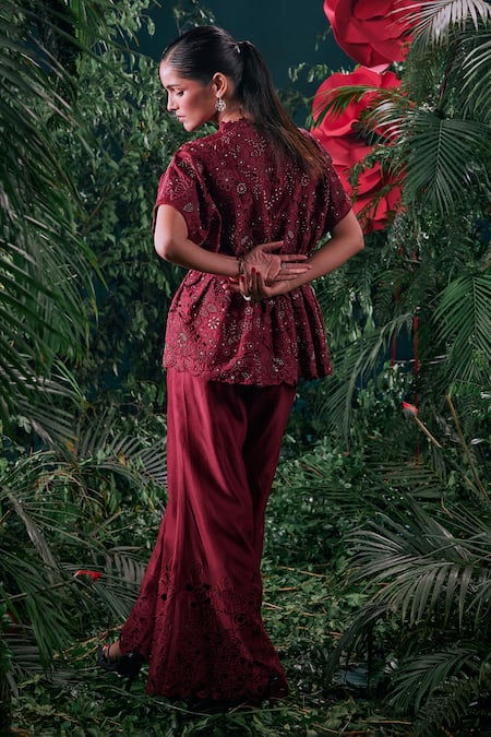 Shop Chandrima Maroon Chanderi, Cotton Beads, Cut Work V-neck Rafflesia Bloom Peplum Jacket at Aza Fashions Shop_Chandrima_Maroon Chanderi, Cotton Beads, Cut Work V-neck Rafflesia Bloom Peplum Jacket _at_Aza_Fashions