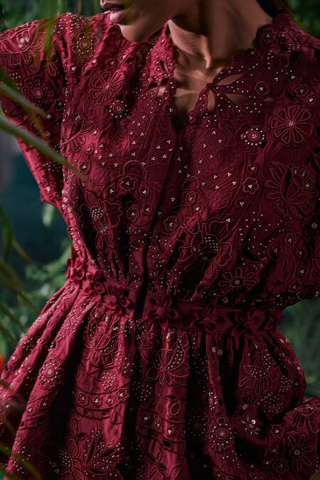 Chandrima Maroon Chanderi, Cotton Beads, Cut Work V-neck Rafflesia Bloom Peplum Jacket Online at Aza Fashions Chandrima_Maroon Chanderi, Cotton Beads, Cut Work V-neck Rafflesia Bloom Peplum Jacket _Online_at_Aza_Fashions
