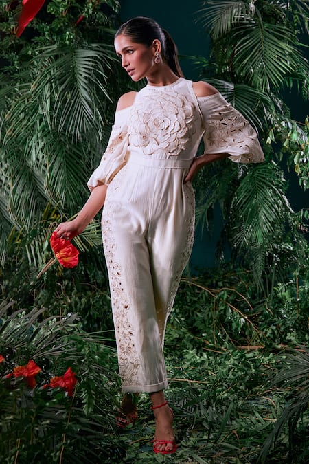 Chandrima Ivory Chanderi 3d Bloom Peta Cut Work Round Embellished Jumpsuit 