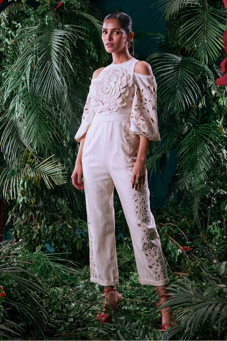 Chandrima_Ivory Chanderi, Cotton Embroidery Round Neck 3d Bloom Petal Embellished Jumpsuit _Online_at_Aza_Fashions