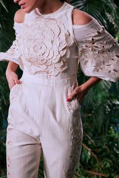 Buy_Chandrima_Ivory Chanderi, Cotton Embroidery Round Neck 3d Bloom Petal Embellished Jumpsuit _Online_at_Aza_Fashions