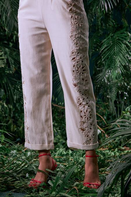 Shop_Chandrima_Ivory Chanderi, Cotton Embroidery Round Neck 3d Bloom Petal Embellished Jumpsuit _Online_at_Aza_Fashions