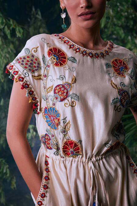 Chandrima_Ivory Chanderi, Cotton Embroidery, Beads, Applique Persian Garden Jumpsuit _Online_at_Aza_Fashions