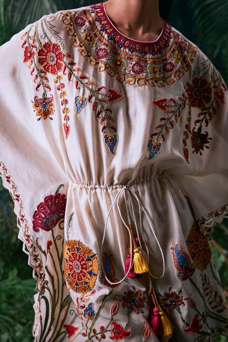 Chandrima_Ivory Chanderi Beads, Applique Round Neck Budding Bloom Embellished Kaftan _Online_at_Aza_Fashions