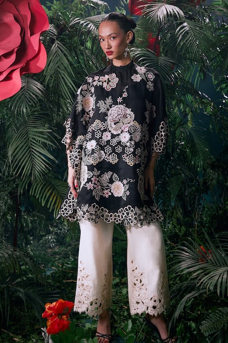 Chandrima_Black Silk Organza Beads, Cut Work High Neck Dahlia Bloom Embellished Kaftan _Online_at_Aza_Fashions