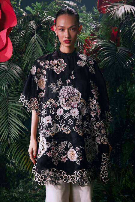 Buy_Chandrima_Black Silk Organza Beads, Cut Work High Neck Dahlia Bloom Embellished Kaftan _Online_at_Aza_Fashions