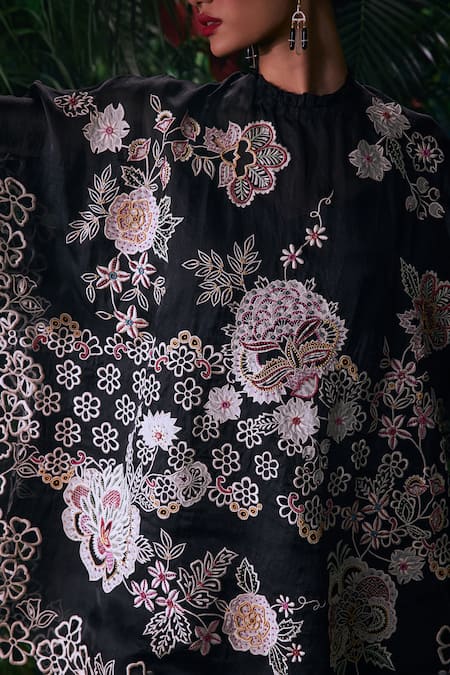 Shop_Chandrima_Black Silk Organza Beads, Cut Work High Neck Dahlia Bloom Embellished Kaftan _Online_at_Aza_Fashions