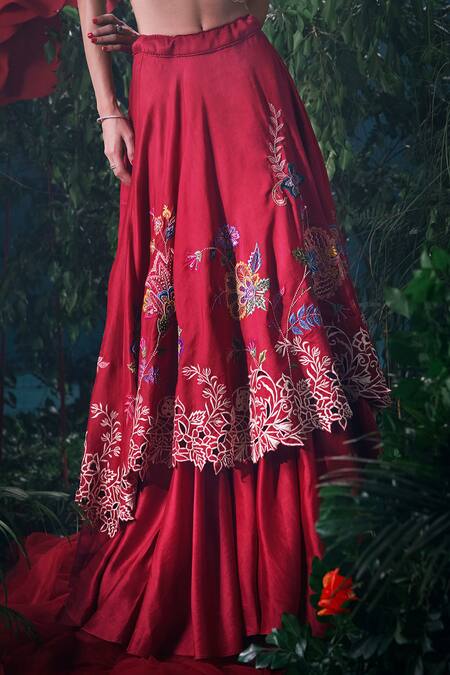 Chandrima Red Chanderi, Linen Beads, Peony Bloom Applique Cut Work Layered Lehenga Online at Aza Fashions Chandrima_Red Chanderi, Linen Beads, Peony Bloom Applique Cut Work Layered Lehenga _Online_at_Aza_Fashions