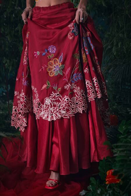 Buy Chandrima Red Chanderi, Linen Beads, Peony Bloom Applique Cut Work Layered Lehenga Online at Aza Fashions Buy_Chandrima_Red Chanderi, Linen Beads, Peony Bloom Applique Cut Work Layered Lehenga _Online_at_Aza_Fashions