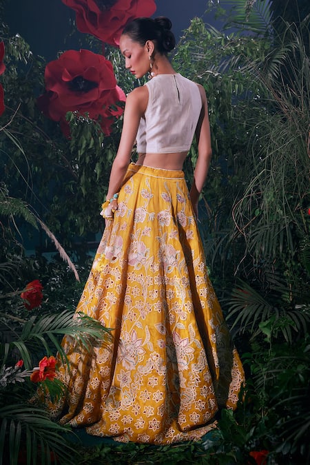 Shop_Chandrima_Yellow Silk Organza, Linen Beads Petunia Applique And Cut Work Lehenga _at_Aza_Fashions