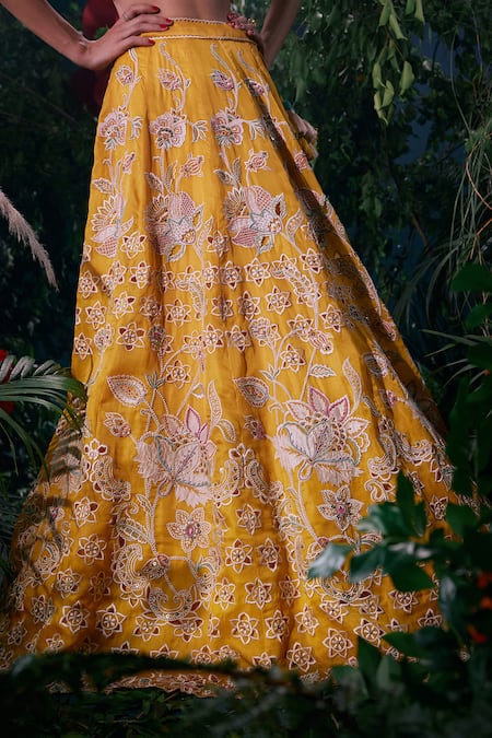 Buy_Chandrima_Yellow Silk Organza, Linen Beads Petunia Applique And Cut Work Lehenga _Online_at_Aza_Fashions