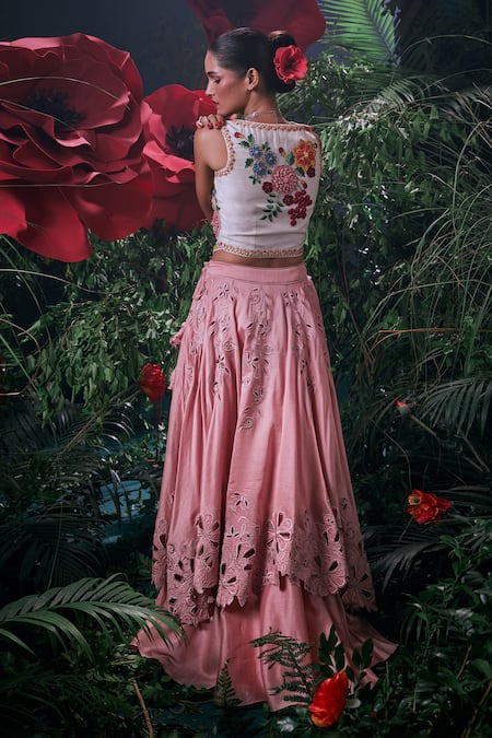 Shop Chandrima Pink Chanderi, Cotton Embroidery Lily Bloom Cut Work Layered Lehenga at Aza Fashions Shop_Chandrima_Pink Chanderi, Cotton Embroidery Lily Bloom Cut Work Layered Lehenga _at_Aza_Fashions