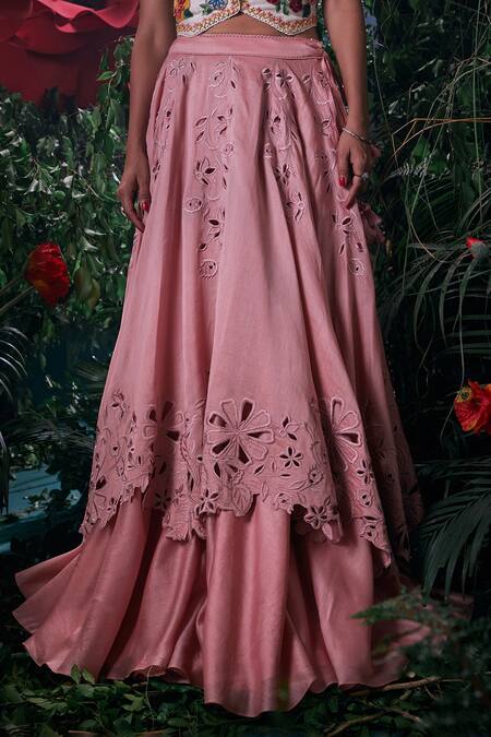 Buy Chandrima Pink Chanderi, Cotton Embroidery Lily Bloom Cut Work Layered Lehenga Online at Aza Fashions Buy_Chandrima_Pink Chanderi, Cotton Embroidery Lily Bloom Cut Work Layered Lehenga _Online_at_Aza_Fashions