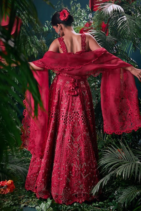 Shop Chandrima Red Chanderi, Linen Beads, Cut Work Blossom Embellished Lehenga at Aza Fashions Shop_Chandrima_Red Chanderi, Linen Beads, Cut Work Blossom Embellished Lehenga _at_Aza_Fashions