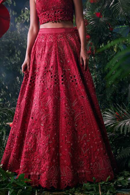Buy Chandrima Red Chanderi, Linen Beads, Cut Work Blossom Embellished Lehenga Online at Aza Fashions Buy_Chandrima_Red Chanderi, Linen Beads, Cut Work Blossom Embellished Lehenga _Online_at_Aza_Fashions