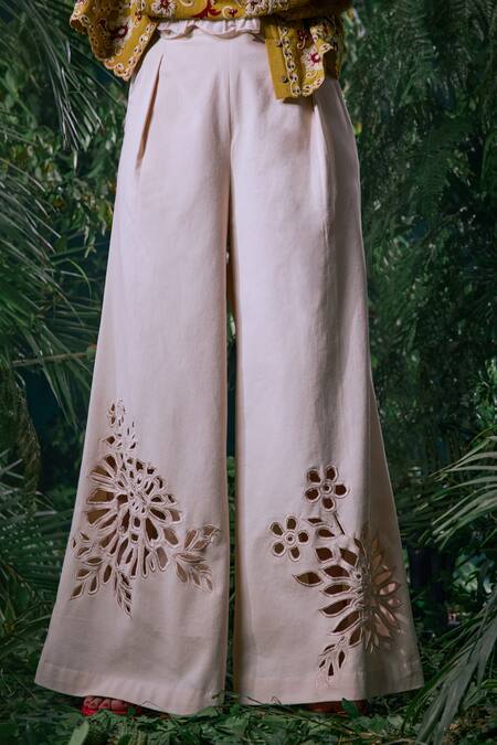 Chandrima_Ivory Cotton Cut Work Blooming Flared Pant _Online_at_Aza_Fashions