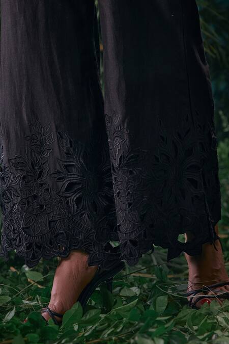 Chandrima_Black Chanderi, Cotton Embroidery Gardenia Cut Work Bell Bottom Pant _Online_at_Aza_Fashions