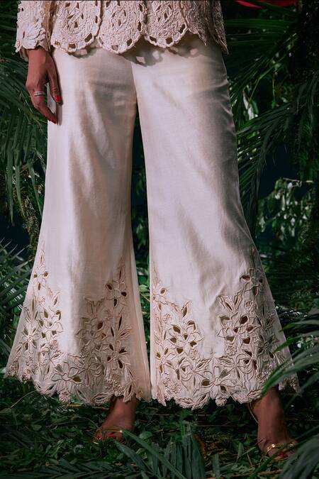 Chandrima Ivory Chanderi, Cotton Cut Work Flora Bell Bottom Pant Online at Aza Fashions Chandrima_Ivory Chanderi, Cotton Cut Work Flora Bell Bottom Pant _Online_at_Aza_Fashions