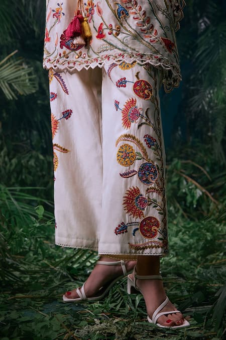 Chandrima_Ivory Chanderi, Cotton Beads, Embroidery Floral Thread Work Pant _Online_at_Aza_Fashions