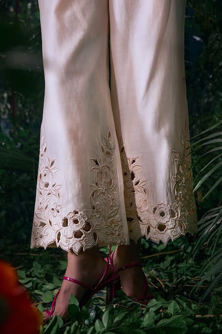 Chandrima_Ivory Chanderi, Cotton Cut Work Peony Straight Pant _Online_at_Aza_Fashions