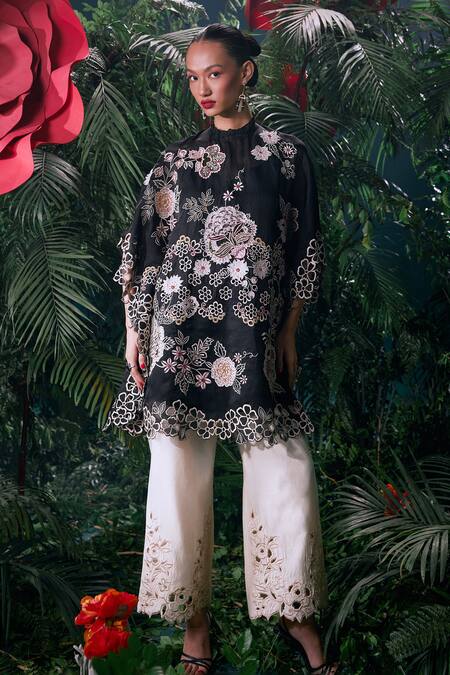 Buy_Chandrima_Ivory Chanderi, Cotton Cut Work Peony Straight Pant _Online_at_Aza_Fashions