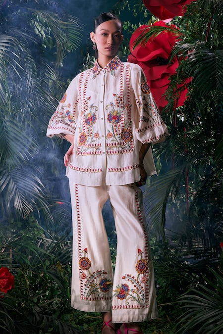 Chandrima Ivory Chanderi Iris Thread Work Embellished Pant 