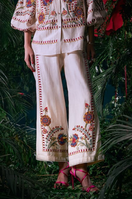 Chandrima_Ivory Chanderi, Cotton Embroidery, Beads Iris Thread Work Embellished Pant _Online_at_Aza_Fashions