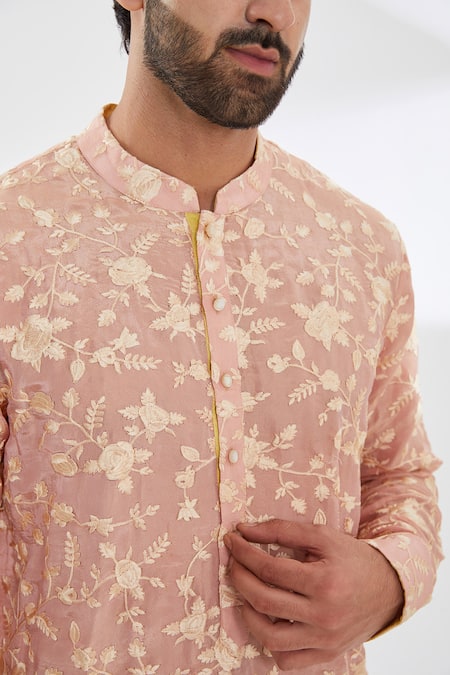 Rabani & Rakha_Pink Silk, Cotton Embroidery Parsi Gara Kurta And Trouser Set _Online_at_Aza_Fashions