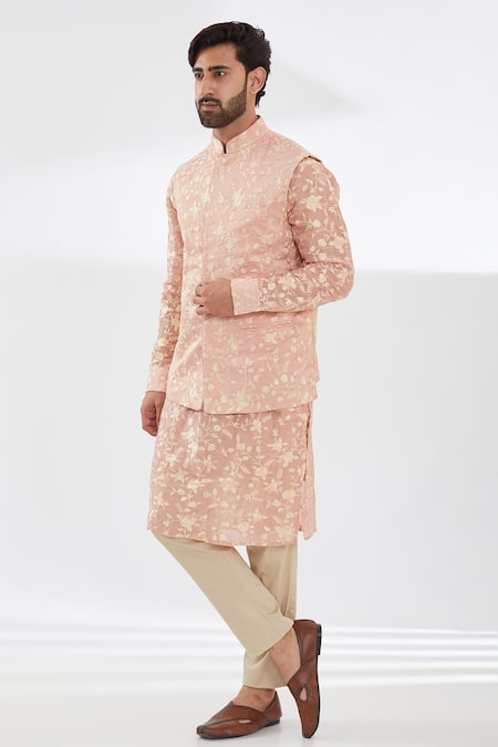 Rabani & Rakha Silk Parsi Gara Embroidered Bundi Kurta Set 