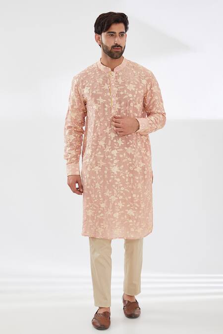 Rabani & Rakha_Pink Silk, Cotton Embroidery Parsi Gara Bundi Kurta Set _Online_at_Aza_Fashions