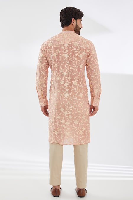 Buy_Rabani & Rakha_Pink Silk, Cotton Embroidery Parsi Gara Bundi Kurta Set _Online_at_Aza_Fashions