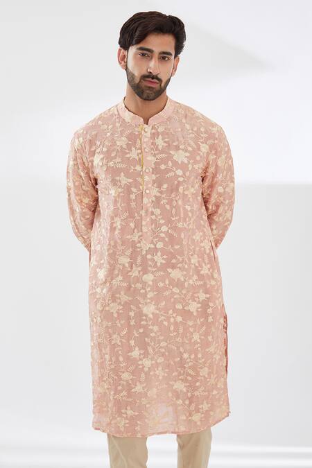 Shop_Rabani & Rakha_Pink Silk, Cotton Embroidery Parsi Gara Bundi Kurta Set _Online_at_Aza_Fashions