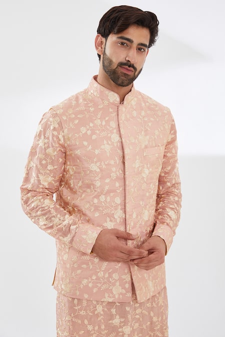 Buy_Rabani & Rakha_Pink Silk, Cotton Embroidery Parsi Gara Bundi Kurta Set 