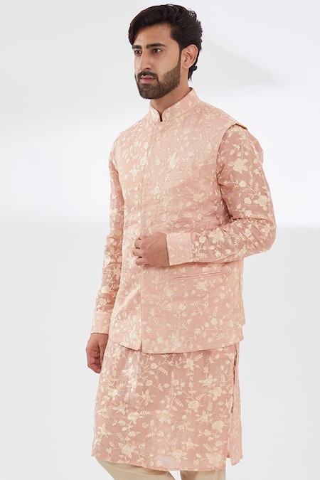 Shop_Rabani & Rakha_Pink Silk Embroidery Floral Bundi _Online_at_Aza_Fashions