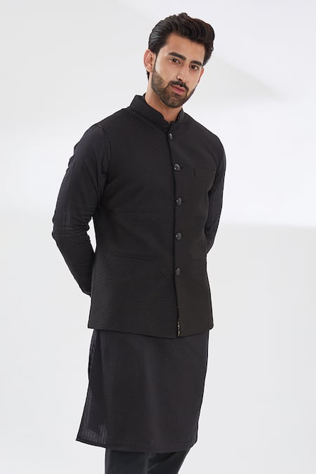 Rabani & Rakha Quilted Black Cotton Silk Bundi 