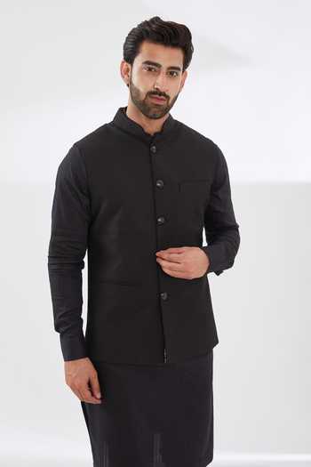 Rabani & Rakha_Black Cotton, Silk Quilted Bundi _Online_at_Aza_Fashions