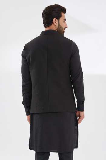 Buy_Rabani & Rakha_Black Cotton, Silk Quilted Bundi _Online_at_Aza_Fashions
