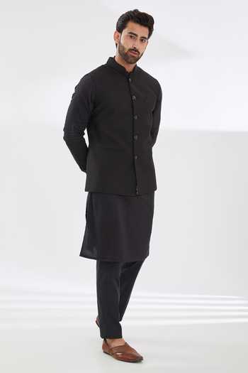 Shop_Rabani & Rakha_Black Cotton, Silk Quilted Bundi _Online_at_Aza_Fashions