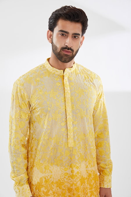 Buy_Rabani & Rakha_Yellow Georgette, Cotton Satin, Cotton, Silk Bloom Jaal Ombre Kurta Set _Online_at_Aza_Fashions