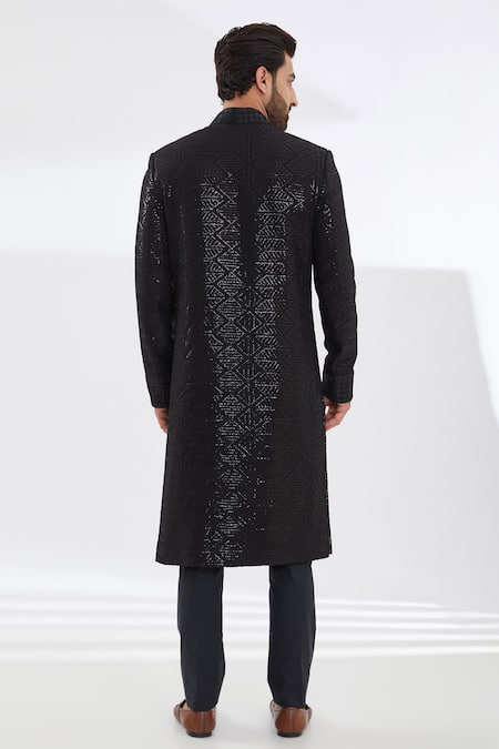 Shop Rabani & Rakha Black Georgette, , Silk, Satin Astral Geometric Sherwani Set at Aza Fashions Shop_Rabani & Rakha_Black Georgette, , Silk, Satin Astral Geometric Sherwani Set _at_Aza_Fashions