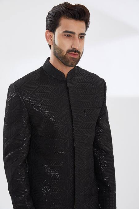 Buy Rabani & Rakha Black Georgette, , Silk, Satin Astral Geometric Sherwani Set Online at Aza Fashions Buy_Rabani & Rakha_Black Georgette, , Silk, Satin Astral Geometric Sherwani Set _Online_at_Aza_Fashions