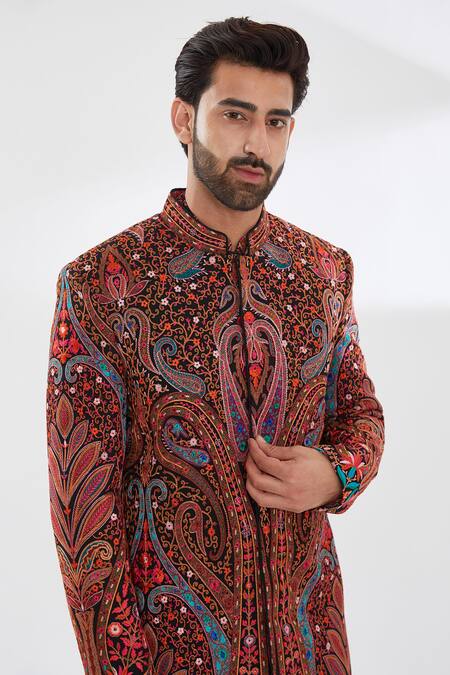 Rabani & Rakha_Black Georgette, , Silk, Satin Embroidery Azalea Sherwani Set_Online_at_Aza_Fashions