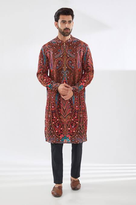 Buy_Rabani & Rakha_Black Georgette, , Silk, Satin Embroidery Azalea Sherwani Set_Online_at_Aza_Fashions