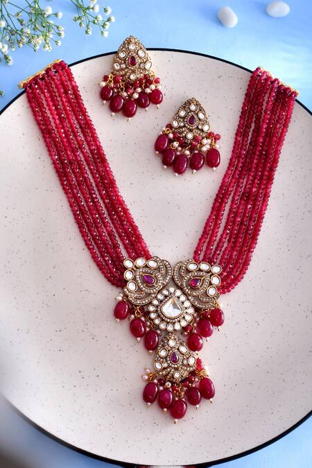 Shop_Ishhaara_Red Pearls, Stones, Diamonds Embellished Pendant Necklace Set_at_Aza_Fashions