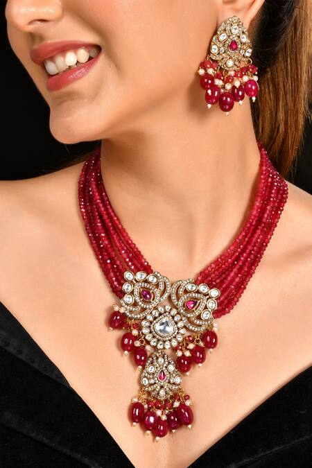 Ishhaara_Red Pearls, Stones, Diamonds Embellished Pendant Necklace Set_Online_at_Aza_Fashions