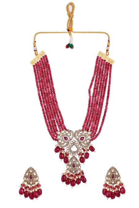 Buy_Ishhaara_Red Pearls, Stones, Diamonds Embellished Pendant Necklace Set_Online_at_Aza_Fashions