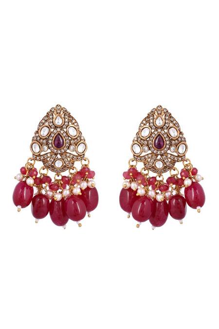 Shop_Ishhaara_Red Pearls, Stones, Diamonds Embellished Pendant Necklace Set_Online_at_Aza_Fashions