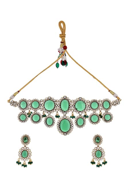 Buy_Ishhaara_Green Diamonds, Stones Geometric Embellished Choker Necklace Set _Online_at_Aza_Fashions