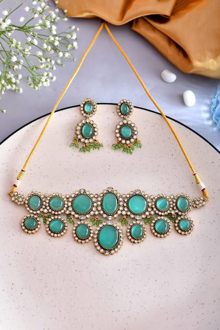 Ishhaara Geometric Cut Work Choker Necklace Set 